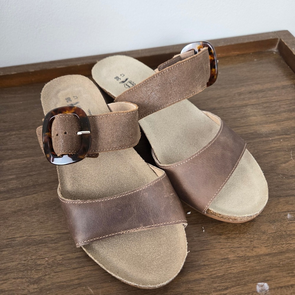 NAOT Kingdom Wedge Leather Slide Size 38 US 7 Oily Bark Brown Strappy Minimalist